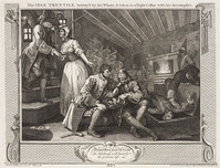 KG 15035
          <br/>
          The idle prentice betrayed by his whore and taken in a night cellar with his accomplice uit de prentenserie Industry and idleness
          <br/>
          <em>Hogarth, William (1697 - 1764)</em>